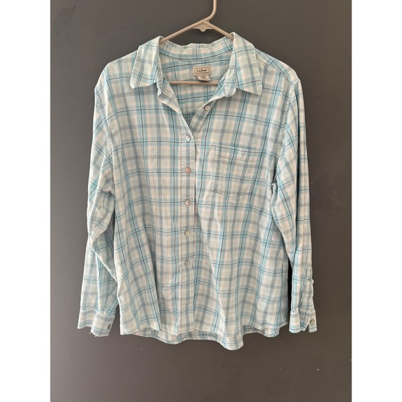L.L.Bean Tops - LL Bean Womens XL Blue White Plaid Flannel Button Down Cotton Shirt 0FFL1